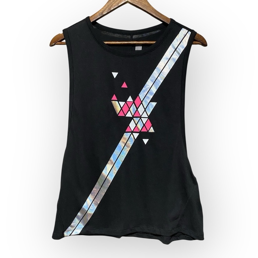 Victorias Secret Sport Black Tank Pink Silver Geometric Graphic Medium NWT
